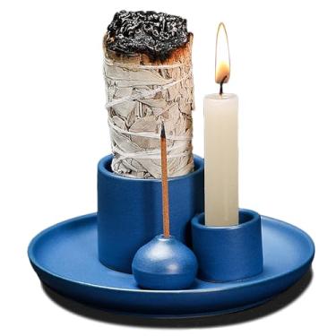 Imagem de Incenso de cerâmica multifuncional 4 em 1 e suporte de vela com bandeja coletora de cinzas, adequado para queimar sálvia branca, palitos Palo Santo (azul royal)