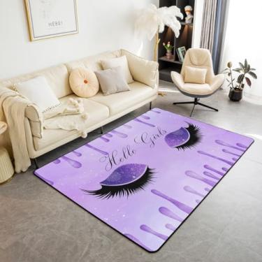 Imagem de Tapete de área de cílios de olho de unicórnio 12 x 17 cm, tapete de galáxia com glitter para crianças, meninas, adolescentes, tinta roxa violeta, arte fluida, borboletas voadoras, tapete lavável, olhos fechados, tapete Kawaii Accent