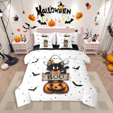 Imagem de Erosebridal Jogo de cama casal com tema de Halloween, 7 peças, cama de gato preto fofo em uma bolsa, conjunto de cama com lanterna de abóbora, inclui edredom, conjunto de lençóis, fronhas e fronhas
