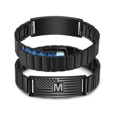 Imagem de FLHEART Pulseiras com iniciais masculinas, bandeira americana A-Z, letras maiúsculas, aço inoxidável, ajustável, joias presentes para homens, filho, neto, irmão, pai, marido, 6"-7.5", Aço inoxidável