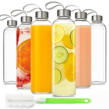 Imagem de UPBUD Garrafas de suco de vidro de 510 g com alça de transporte, garrafa de água de vidro reutilizável, sem BPA, à prova de vazamento, boca larga, smoothie, chá, café, armazenamento a frio, geladeira