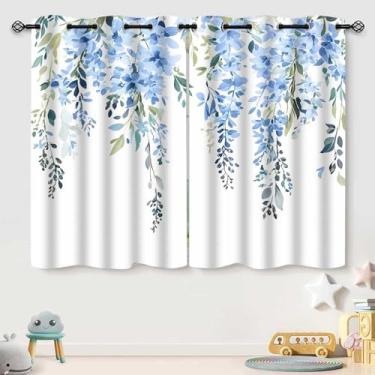Imagem de EOTDMS Cortinas florais em aquarela azul, cortina de flores de videira com folhas botânicas, cortinas de tratamento de janela blackout para quarto e sala de estar 132 x 160 cm, 2 painéis