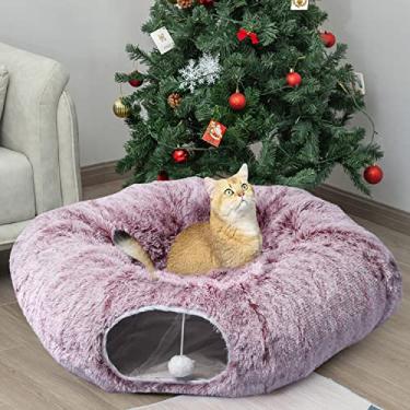 Imagem de AUOON Cama de túnel para gatos com tapete central, brinquedos de playground de tubo grande, material de pelúcia macio, formato de lua cheia para gatinhos, gatos, filhotes, coelhos, furões (rosiness)