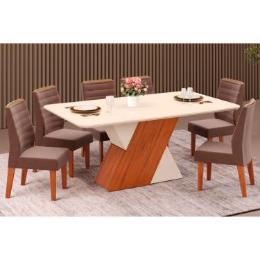 Imagem de Sala de Jantar Completa Rubi c/ Tampo Madeirado c/ Vidro 170x90cm e 6 Cadeiras Ondina Freijo/Off White/Off White - Suede Moca - DJ Móveis