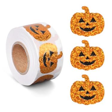 Imagem de 500 pçs rolo de adesivos de abóbora de Halloween, laranja brilhante, à prova d'água, adesivos autoadesivos para crianças, artesanato, scrapbook, envelopes, selos, saco de presente, decoração de festa
