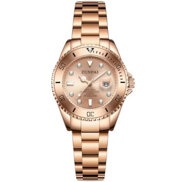 Imagem de ZUNPAI Relógios femininos com bisel rotativo, data, à prova d'água, luminoso, aço inoxidável, analógico, quartzo, relógio de pulso feminino, elegante, luxuoso, para mulheres, Ouro rosa, Casual