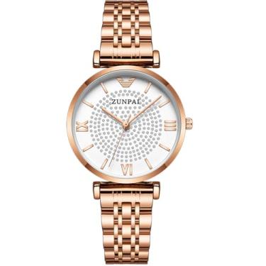 Imagem de ZUNPAI Relógio feminino luxuoso, elegante, diamante com números romanos, design clássico, analógico, quartzo, relógio feminino com data, pulseira de aço inoxidável, à prova d'água, Branco-rosa, Casual