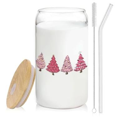 Imagem de BEHIFL Copo de vidro para árvore de Natal, lata de café de Natal com tampa e canudos, 400 ml, copos de bebida, copos de café, garrafas de água, presente para mulheres, crianças, homens, copo de vidro