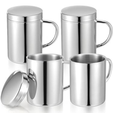 Imagem de Molain Conjunto de 4 canecas de café de aço inoxidável de 400 ml com tampas, canecas de metal isoladas de parede dupla para viagem, copos térmicos de acampamento para bebidas quentes e frias