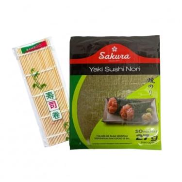 Imagem de Kit Alga Marinha Nori 10 fls e Esteira Bambu Sudare Sushi