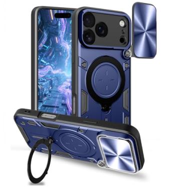 Imagem de Ysnzaq Capa protetora para Apple iPhone 18 Pro, janela de empurrar para lentes, capa protetora à prova de choque de grau militar com suporte para Apple iPhone 18 Pro CQ azul-marinho