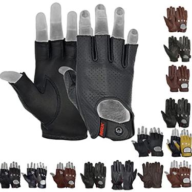Imagem de MRX BOXING & FITNESS Luvas masculinas básicas de couro de cabra macio sem dedos respiráveis motociclista motociclista andar ciclismo tiro botão luvas meio dedo, preto completo (grande)