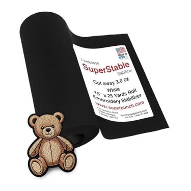 Imagem de Superpunch Estabilizador Cutaway de 85 g para máquinas de bordar, estabilizador de corte grosso preto superestável - rolo de 38 cm x 25 jardas, suporte estabilizador de bordado de máquina cortada,