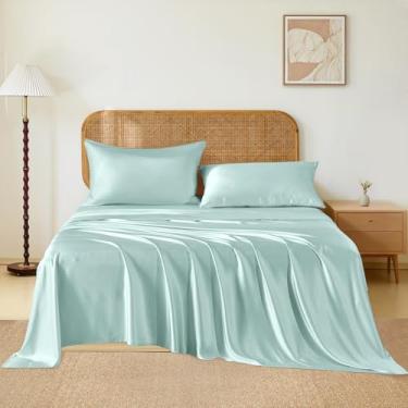 Imagem de THXSILK Jogo de lençol luxuoso de seda amoreira, 4 peças, bolso profundo de 40,6 cm, 1 lençol de cima, 1 lençol com elástico, 2 fronhas com fecho de zíper - Casal, azul claro