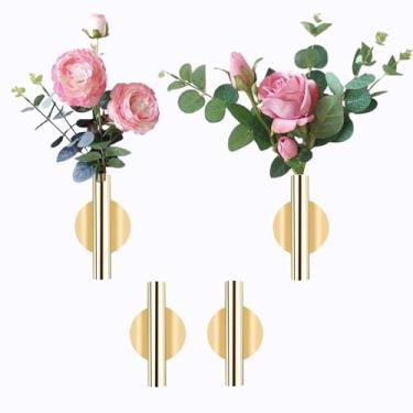 Imagem de AIM & GGKK Plantadores de parede, 4 peças de suporte de metal para pendurar na parede para interior pequeno, dourado, boho, vaso de flores, tubo para decoração de casa moderna, exibição de arte