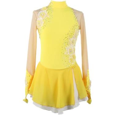 Imagem de Meninas Patinação Artística Vestido Terno De Competição Mulheres Mangas Compridas Strass Ginástica Collant Ballet Dança Outfit, Yellow, 3XS