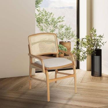 Imagem de Cadeira De Jantar Florença Madeira Jequitibá Natural Com Estofado Linho Bege Encosto De Palha E Braço