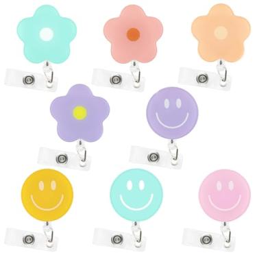 Imagem de 8 carretéis de crachá retráteis, carretéis de crachá de enfermeira com sorriso fofo e flor, etiqueta colorida de acrílico para equipe de enfermagem, hospital, professor, pediatria, farmácia, uso