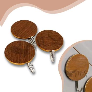 Imagem de Kit Três Ganchos De Parede Adesivo Cabide Cabideiro Madeira