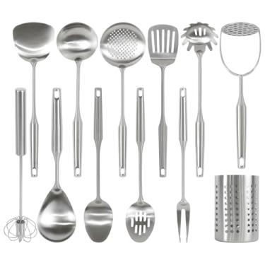 Imagem de CQKEDMA Conjunto de utensílios de cozinha de aço inoxidável 304, conjuntos de utensílios de cozinha de 12 peças com suporte, espremedor de batatas, servidor de massa, garfo, espátula, escumadeira