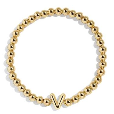Imagem de BaubleBar Pulseira personalizada inicial Pisa, contas modernas banhadas a ouro, joias modernas, pulseira popular com letras iniciais, ajuste elástico para crianças e adultos, One Size, Latão, Sem