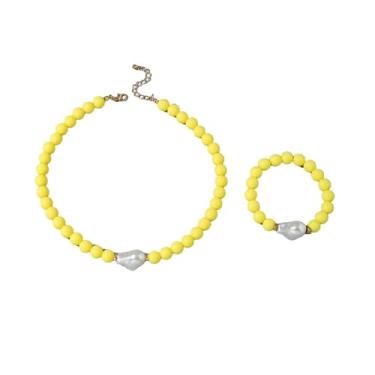 Imagem de HWJQ Colar de contas redondas coloridas conjunto de joias irregulares barrocas colar de pérolas gargantilha contas de acrílico pulseira elástica para mulheres, Middle, Acrílico, Sem Pedra Preciosa