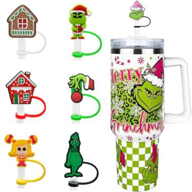 Imagem de 7 peças de tampa de palha de Natal para Natal, tampas de palha de silicone compatíveis com Stanley copo de 30 e 1,134 g, topo de canudos Grinchs, tampas reutilizáveis para copos Stanley de Natal