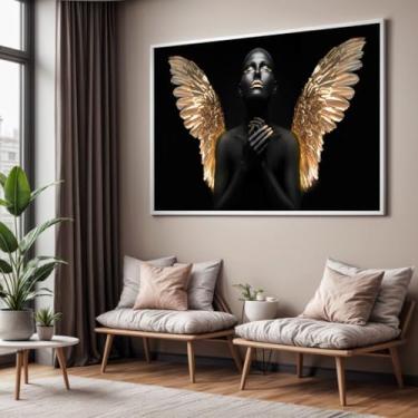 Imagem de Quadro com Moldura Sala Quarto Mulher Negra Anjo Dourado Luxo Decorativo Horizontal Grande Hall