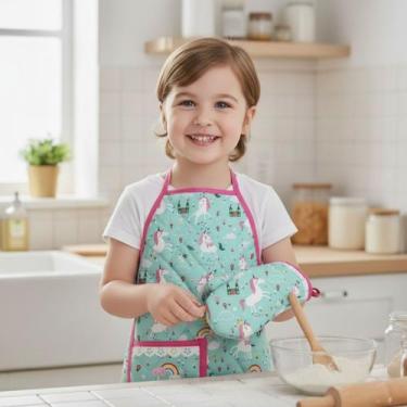 Imagem de Kit Avental Infantil de Cozinha Estampado com Luva Térmica - Mava Enxo