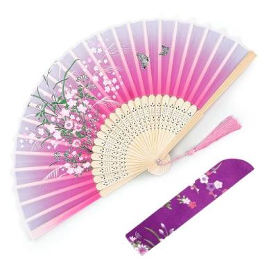 Imagem de Skrfren Leques dobráveis florais portáteis, leques dobráveis chineses japoneses de linho vermelho, leque dobrável à mão oco com manga de tecido para presentes de decoração de casamento dançantes (flor