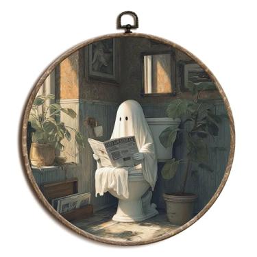 Imagem de laveliabel Decoração de parede em tela redonda para banheiro fantasma de Halloween, impressão em tela emoldurada de leitura fantasma no banheiro, Dark Academia Halloween decoração de parede redonda