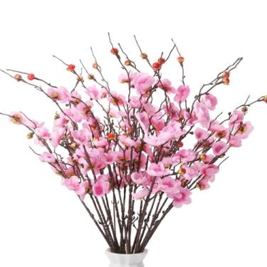 Imagem de GrainBuds 20 peças de flores artificiais de flor de cerejeira rosa para decoração interna de primavera, verão, flores falsas, caules longos, ameixa, plantas de pêssego falsas para casamento, casa