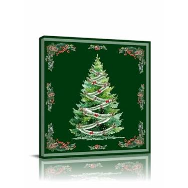 Imagem de Arte de parede em tela de árvore de Natal, folhas de inverno, imagem de baga, pôster de fundo verde, pintura de arte para quarto, banheiro, cozinha, decoração de parede emoldurada pronta para pendurar