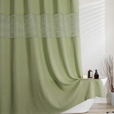 Imagem de OVZME Cortina de chuveiro verde Boho 182 cm de comprimento para decoração de banheiro, cortinas de chuveiro de tecido texturizado pesado com corte bordado, lavável na máquina, cortina de banho