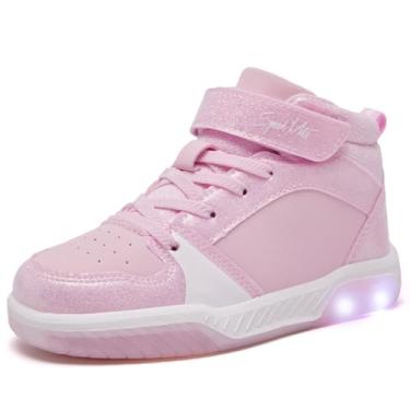 Imagem de SPEED MATE Tênis infantil de cano alto, unissex, para meninos e meninas, respirável, brilhante, luminoso, para esportes ao ar livre, rosa, 9 Toddler