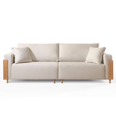 Imagem de Sofá Fixo Heitor 4 Lugares Luxo Pé de Madeira 2,40m Castellar Móbile Veludo Bege Claro