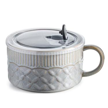 Imagem de Gomakren Tigela de sopa com alça 1,105 g, tigela de ramen com tampa, recipiente de sopa de cerâmica, caneca para cereais ramen, escritório, almoço, dormitório, micro-ondas, cinza