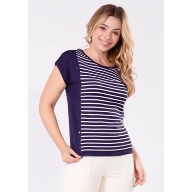 Imagem de Blusa Manga japonesa Pau a Pique Modal Listrada Branco/Marinho