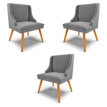 Imagem de Kit 3 Cadeiras Decorativas Sala de Jantar Pés Palito de Madeira Firenze Linho Grafite/Natural G19 - Gran Belo