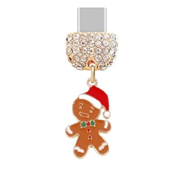 Imagem de ELISE & FONDA TP967 Tipo-C Porta de Carregamento Cristal Antipoeira Pequeno Natal Gingerbread Man Berloque para iPhone 15/16/Samsung/OnePlus/Xiaomi/Oppo telefones Android (marrom)