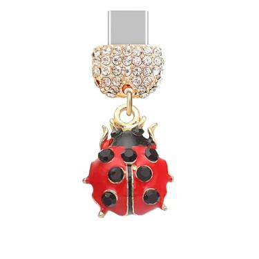 Imagem de ELISE & FONDA TP955 Tipo-C porta de carregamento cristal antipoeira pequeno pingente de telefone celular joaninha de cristal 3D para iPhone 15/16/Samsung/OnePlus/Xiaomi/oppo telefones Android