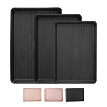 Imagem de Sakerplus Conjunto de 3 assadeiras antiaderentes, folhas de biscoito resistentes para forno com padrão de textura listrada, formas de rolo de 0,8 mm de espessura de quarto/meio/gelatina, resistente à