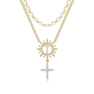 Imagem de TANTIUE Colar feminino com letras e cruz de girassol banhado a ouro 14 K, zircônia cúbica, girassol com inicial em camadas, pingente de cruz A - Z, joia feminina, adjustable, Latão, Zircônia cúbica