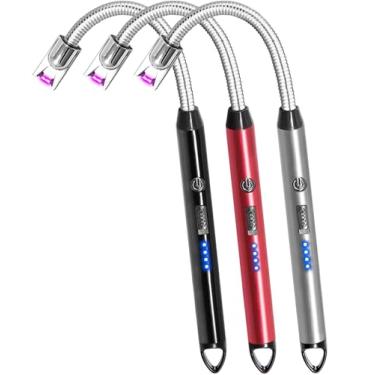 Imagem de Pacote com 3 velas isqueiro elétrico recarregável arco à prova de vento isqueiros flexíveis pescoço longo rotação 360 isqueiro de plasma USB isqueiros sem chamas velas grelha churrasco