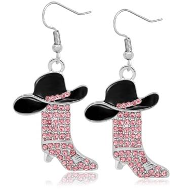 Imagem de Western West Cowgirl Texas Boots Spur Brincos pendentes Country Concert Outfit Accessories Rodeo Boho fantasia de vestido chique, cristal rosa, botas prateadas e chapéu preto