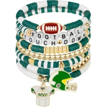 Imagem de KLSKLYL 【Conjunto de 8 peças de pulseiras Super Bowl】 Pulseiras com tema esportivo para dia de jogo – Conjunto de miçangas unissex de futebol, basquete, vôlei e beisebol, One Size, Argila de polímero