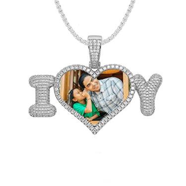 Imagem de Ied Kashiqi Colar com imagem de corrente personalizada com foto masculina, etiquetas de cachorro com pingente de memória de coração gelado para mulheres, berloques de letras, chaveiro, joias de