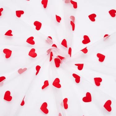 Imagem de PLIGREAT Tecido de tule, 3,2 m × 59 polegadas coração flocado vermelho tecido de malha de renda branca tule de nylon para bricolage casamento dia dos namorados festa de aniversário acessórios de