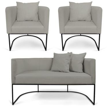 Imagem de Kit 01 Namoradeira 02 Lugares E 02 Poltronas Paola Linho Base Metálica Preto Cor A26 Grafite