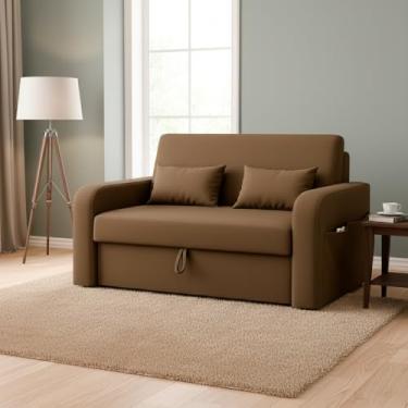 Imagem de Sofá Cama Compacto Lady Day 2 Lugares 140cm Com Baú Retrátil e Almofadas em Veludo Premium (Cappuccino)